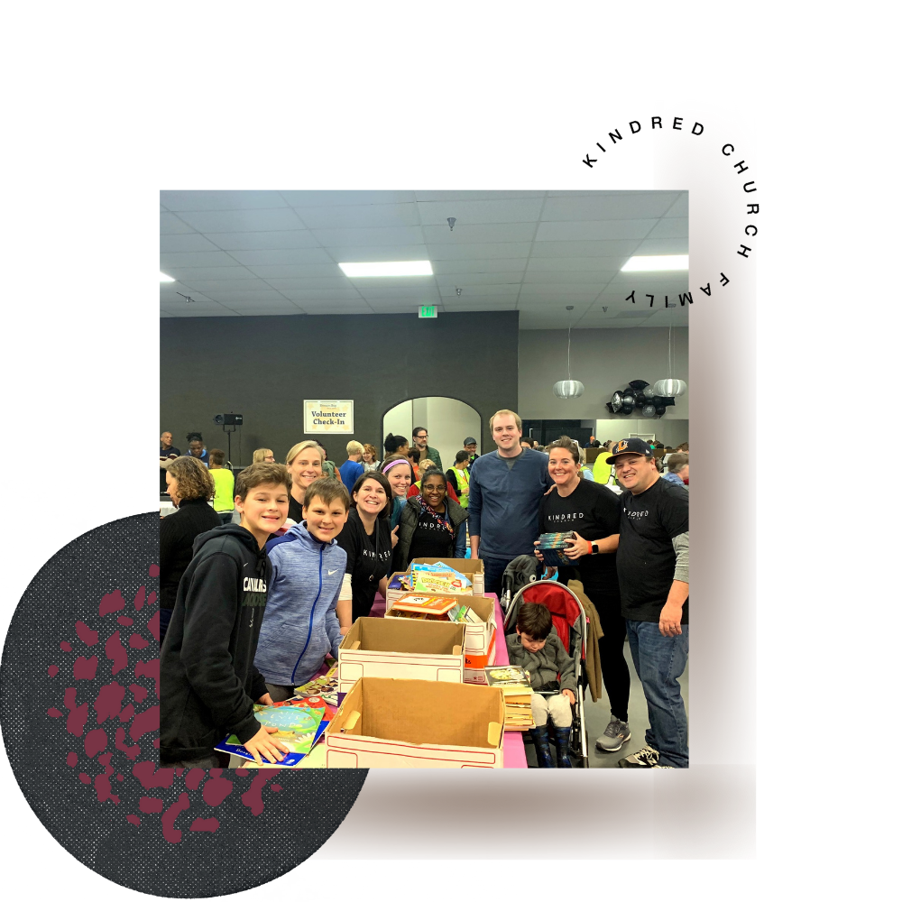 A group of Kindred Church volunteers pose for a photo at a local book drive.